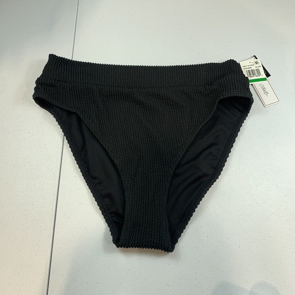 Salt & Cove Junior's Swim Bikini Bottom L Black Ribbed High Waist
